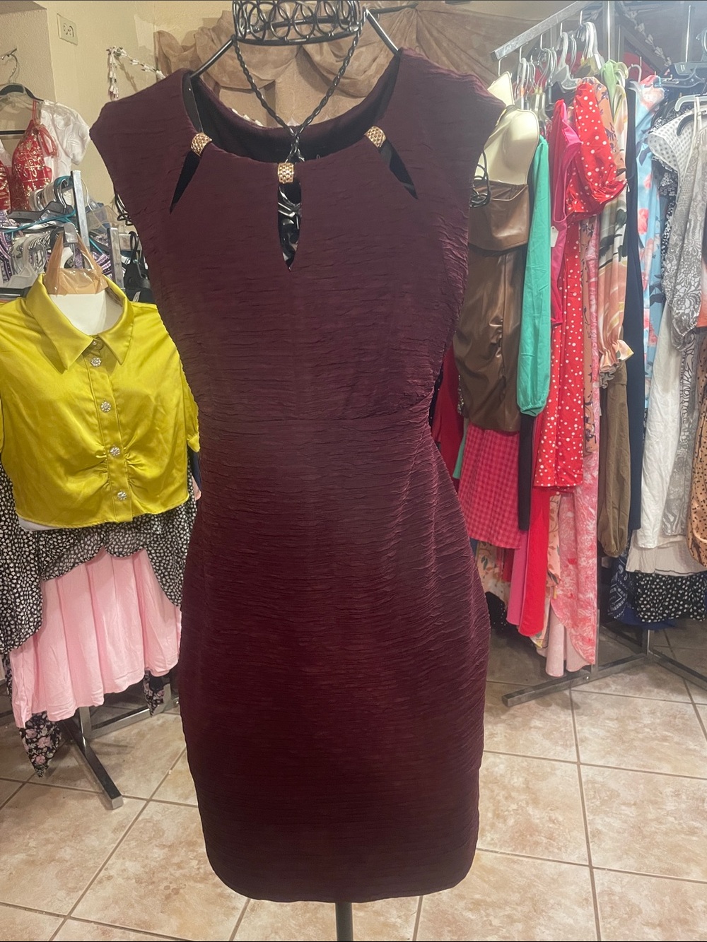 Sleeveless Textured Burgundy Sheath Dress with Decorative Cutouts